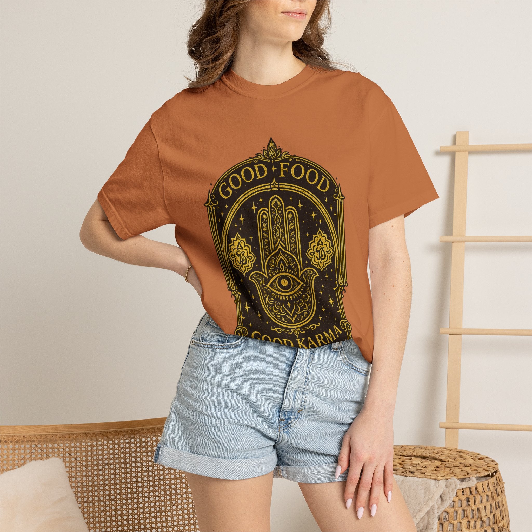 Good Food Good Karma T‑Shirt — Hamsa Eye Spiritual Graphic Tee