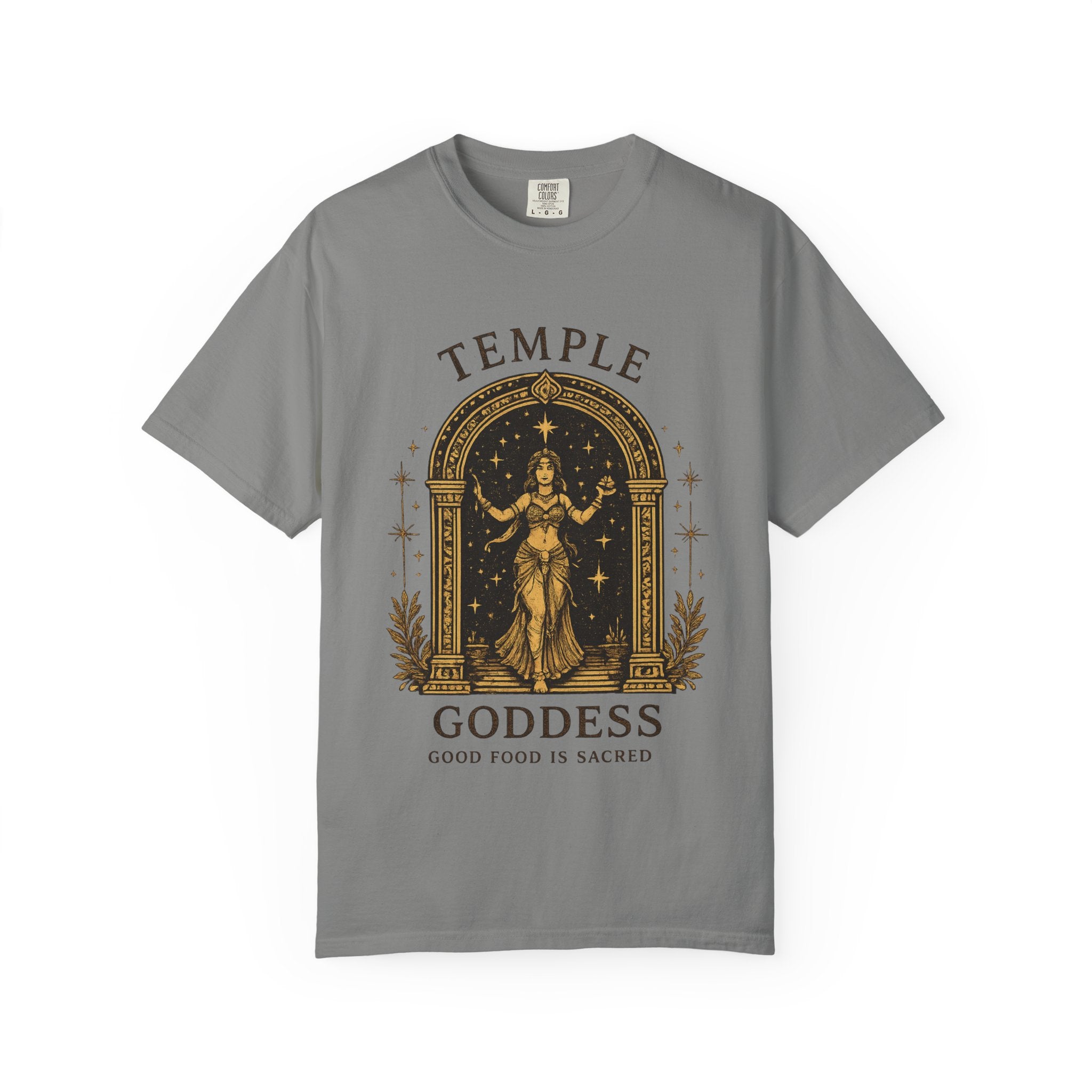 Temple Goddess Cafe Tee — "Good Food is Sacred"