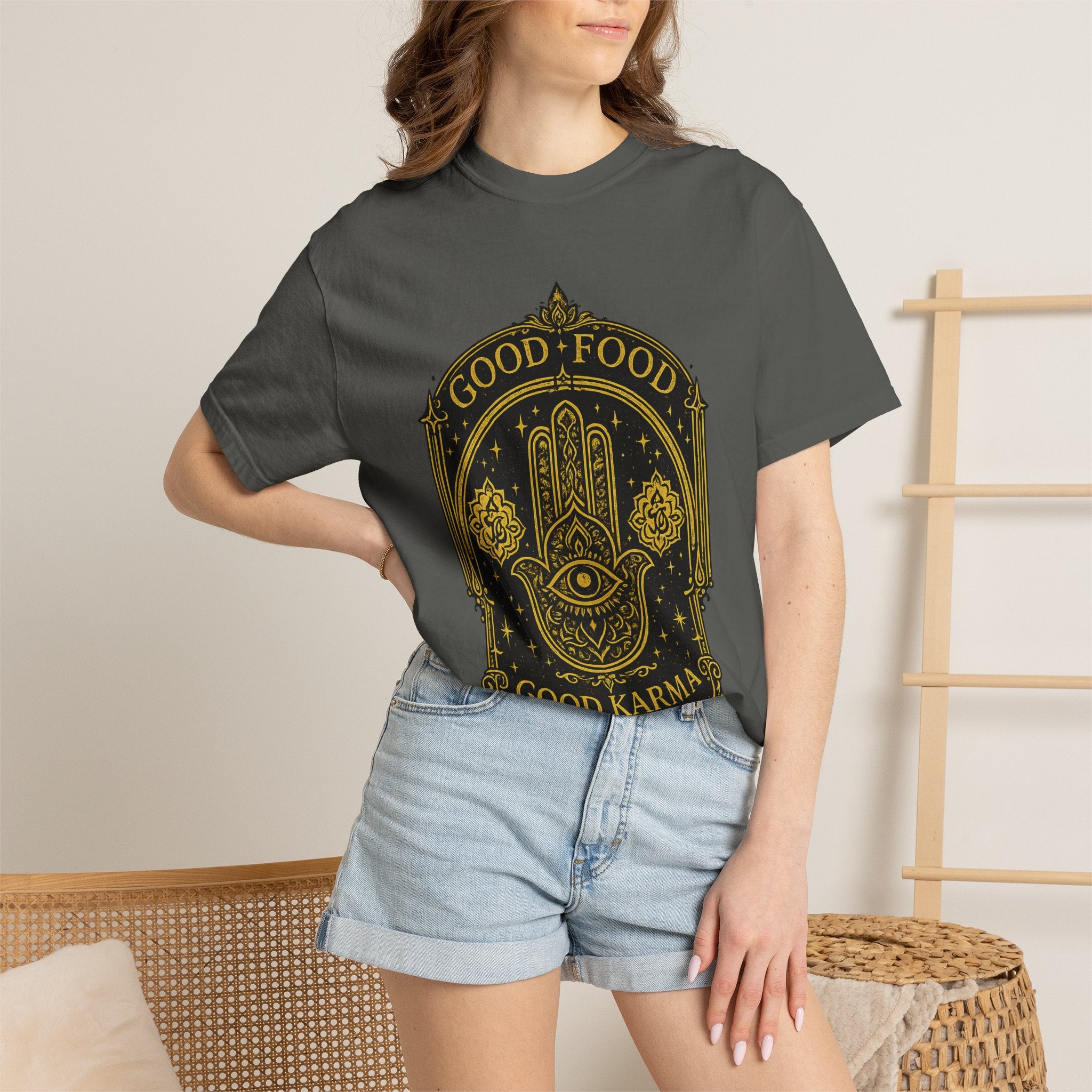 Good Food Good Karma T‑Shirt — Hamsa Eye Spiritual Graphic Tee