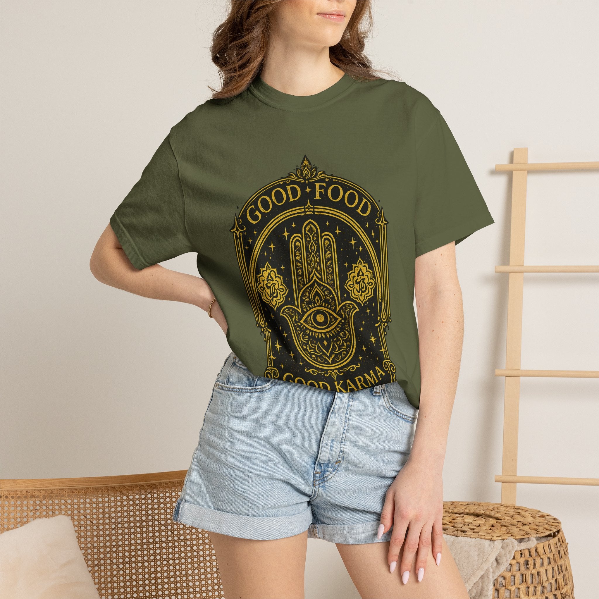 Good Food Good Karma T‑Shirt — Hamsa Eye Spiritual Graphic Tee