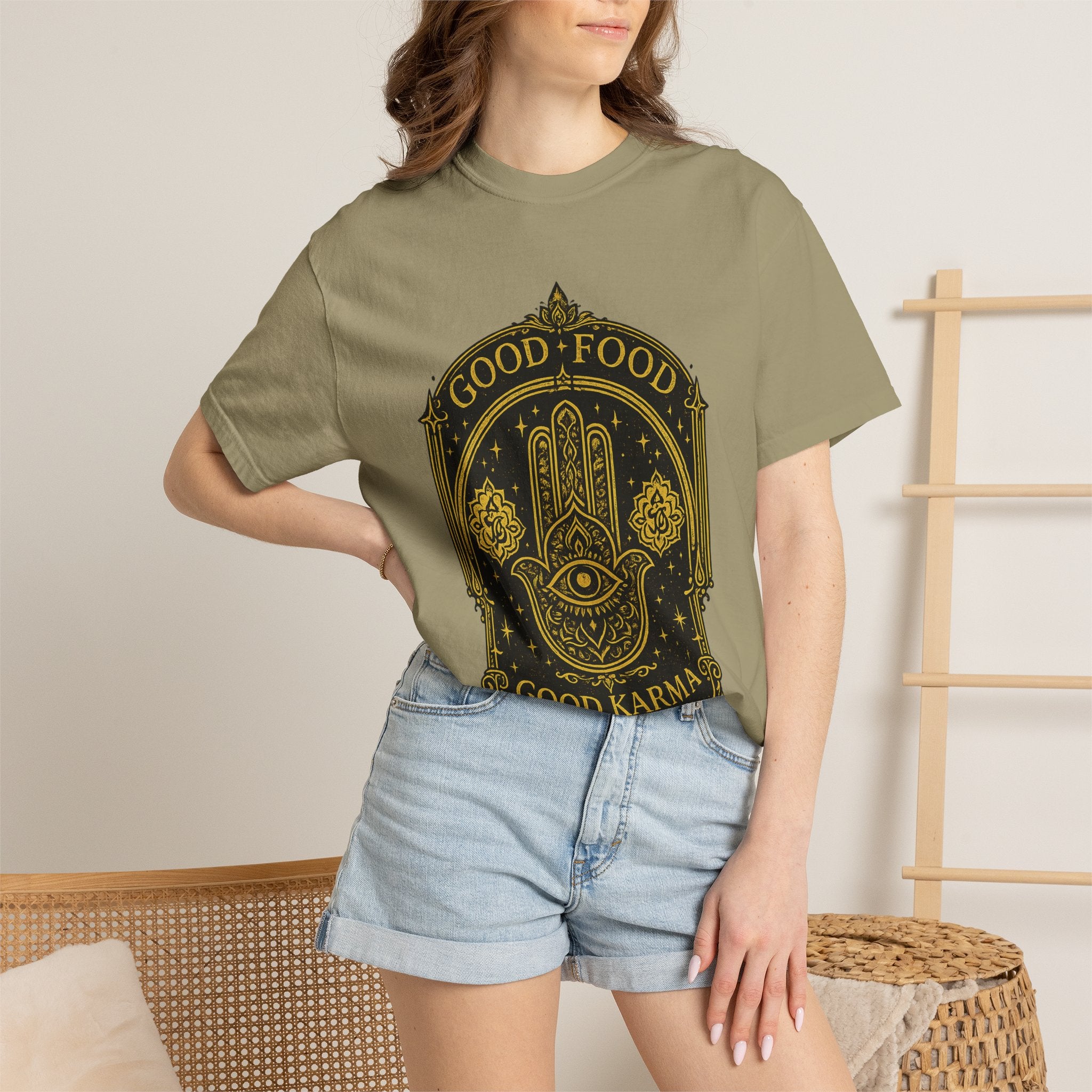 Good Food Good Karma T‑Shirt — Hamsa Eye Spiritual Graphic Tee