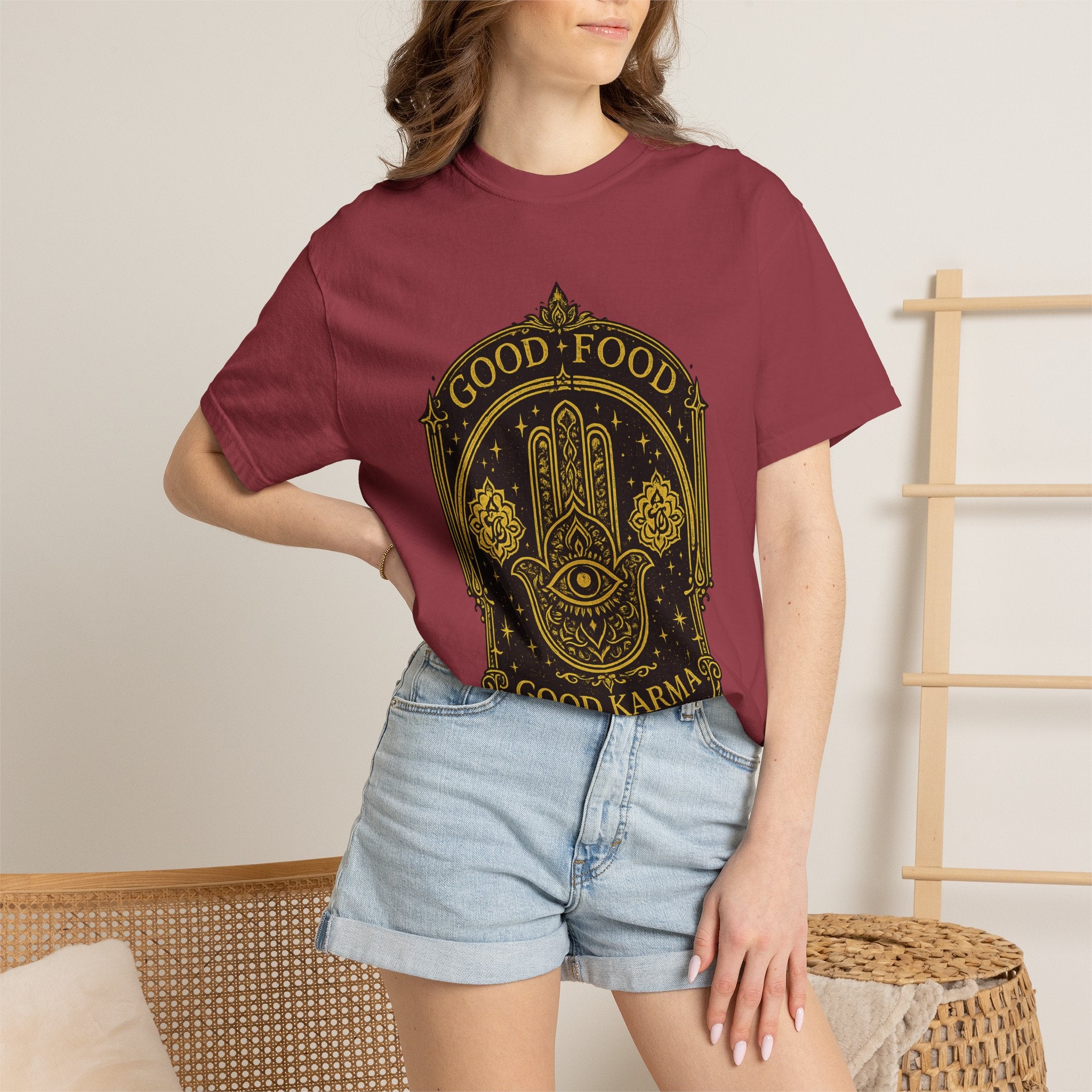 Good Food Good Karma T‑Shirt — Hamsa Eye Spiritual Graphic Tee