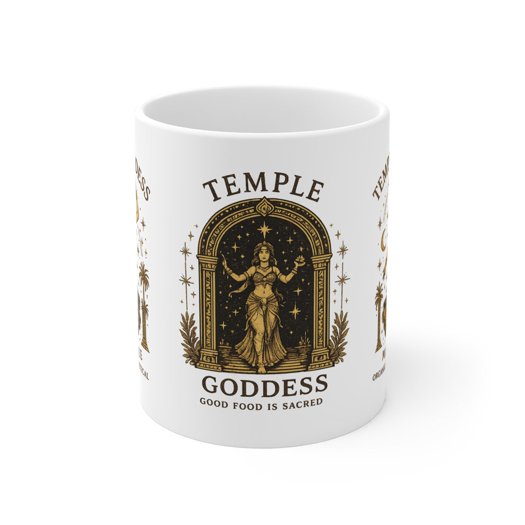 Temple Goddess Ceramic Mug — 'Temple Goddess: Good Food Is Sacred' 11oz Spiritual Vegan Kitchen Gift