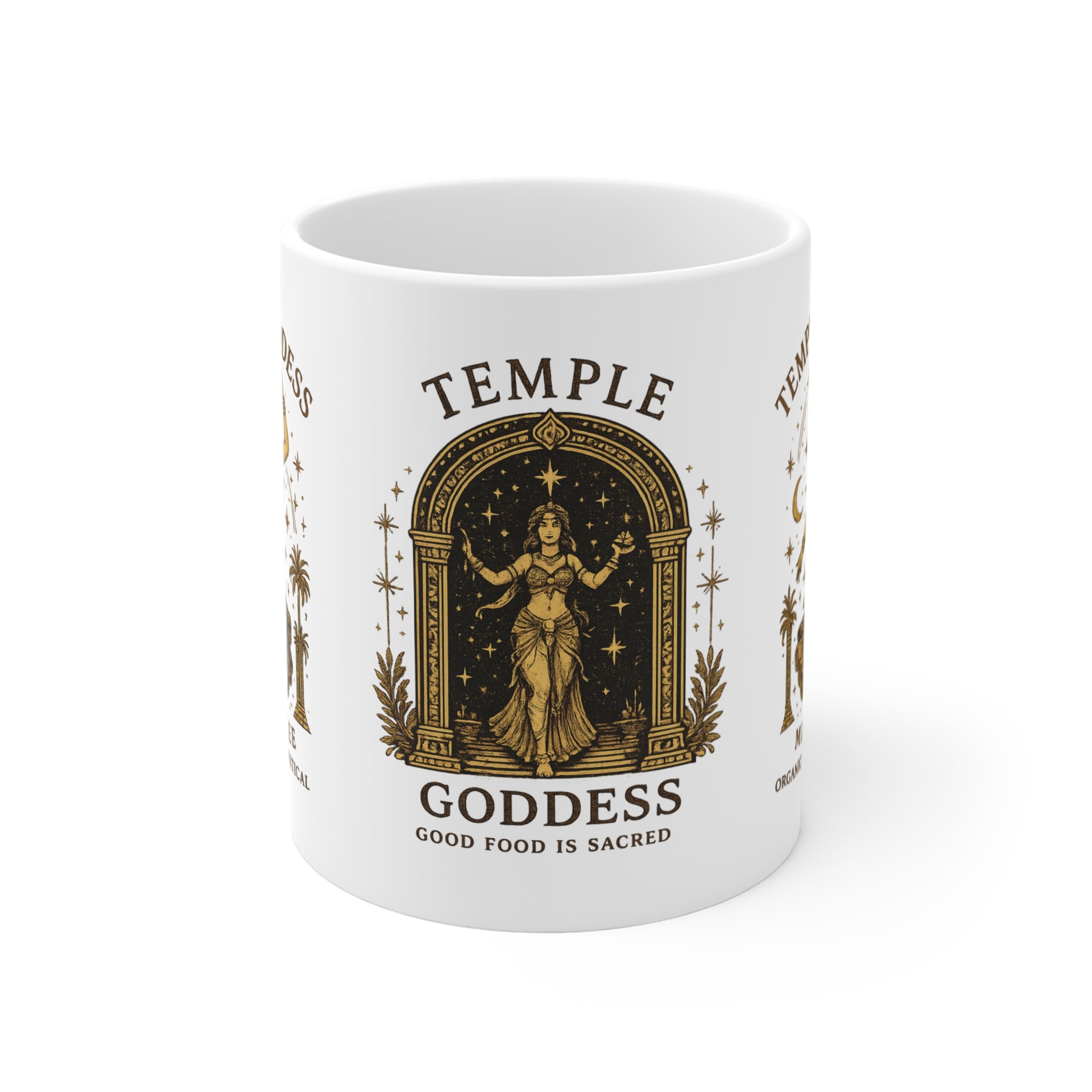 Temple Goddess Ceramic Mug — 'Temple Goddess: Good Food Is Sacred' 11oz Spiritual Vegan Kitchen Gift