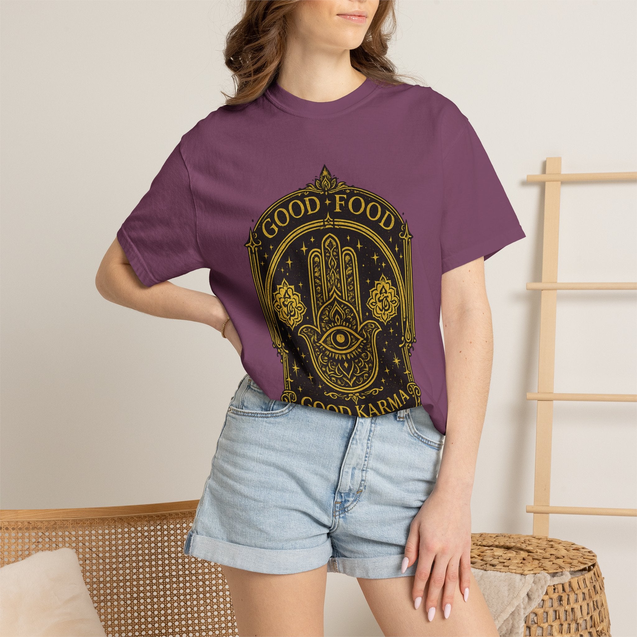 Good Food Good Karma T‑Shirt — Hamsa Eye Spiritual Graphic Tee