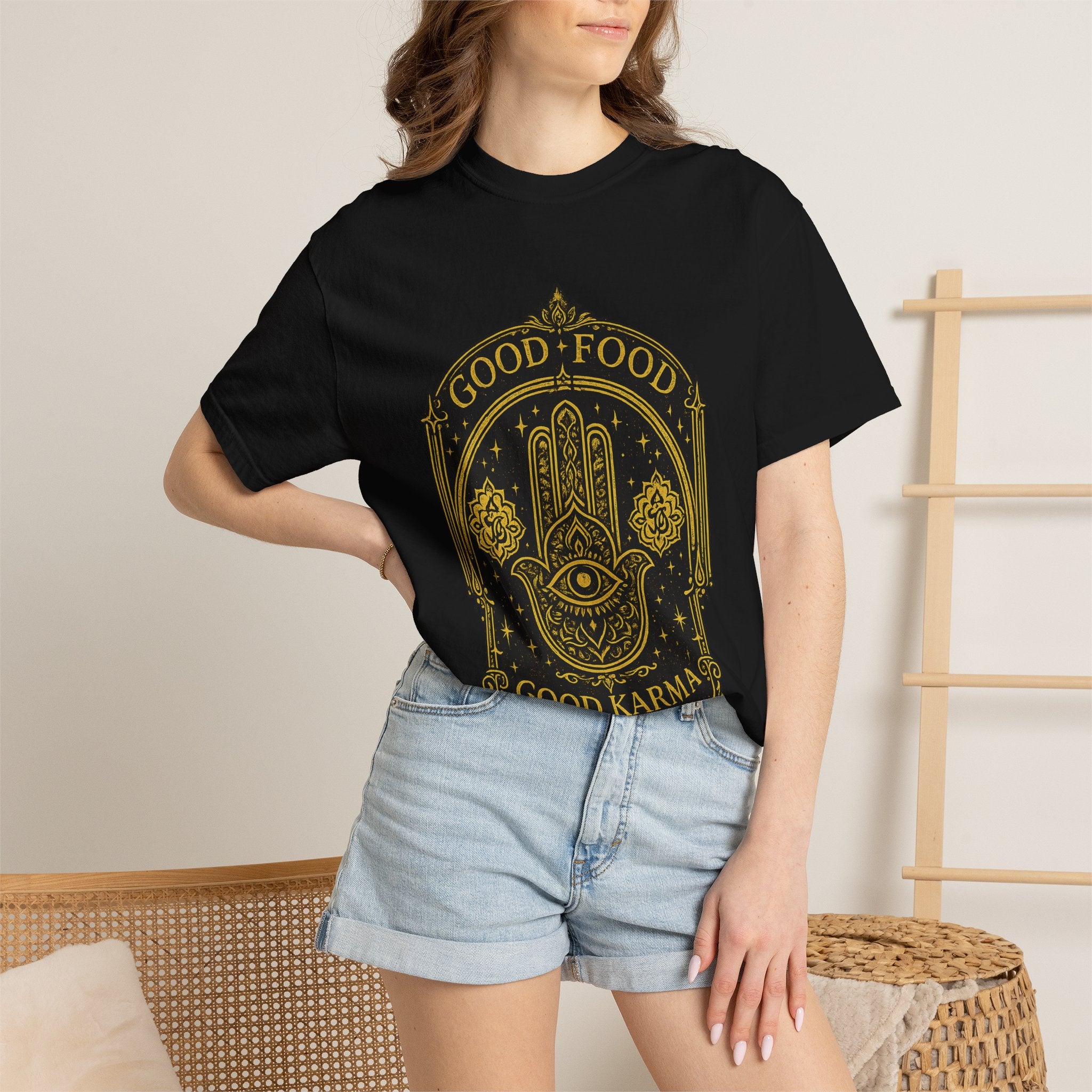 Good Food Good Karma T‑Shirt — Hamsa Eye Spiritual Graphic Tee
