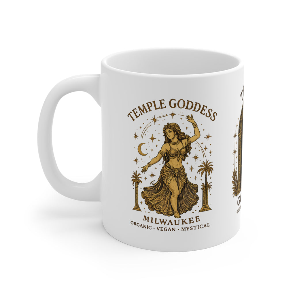 Temple Goddess Ceramic Mug — 'Temple Goddess: Good Food Is Sacred' 11oz Spiritual Vegan Kitchen Gift