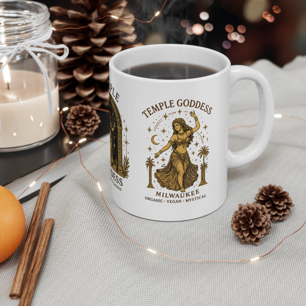 Temple Goddess Ceramic Mug — 'Temple Goddess: Good Food Is Sacred' 11oz Spiritual Vegan Kitchen Gift