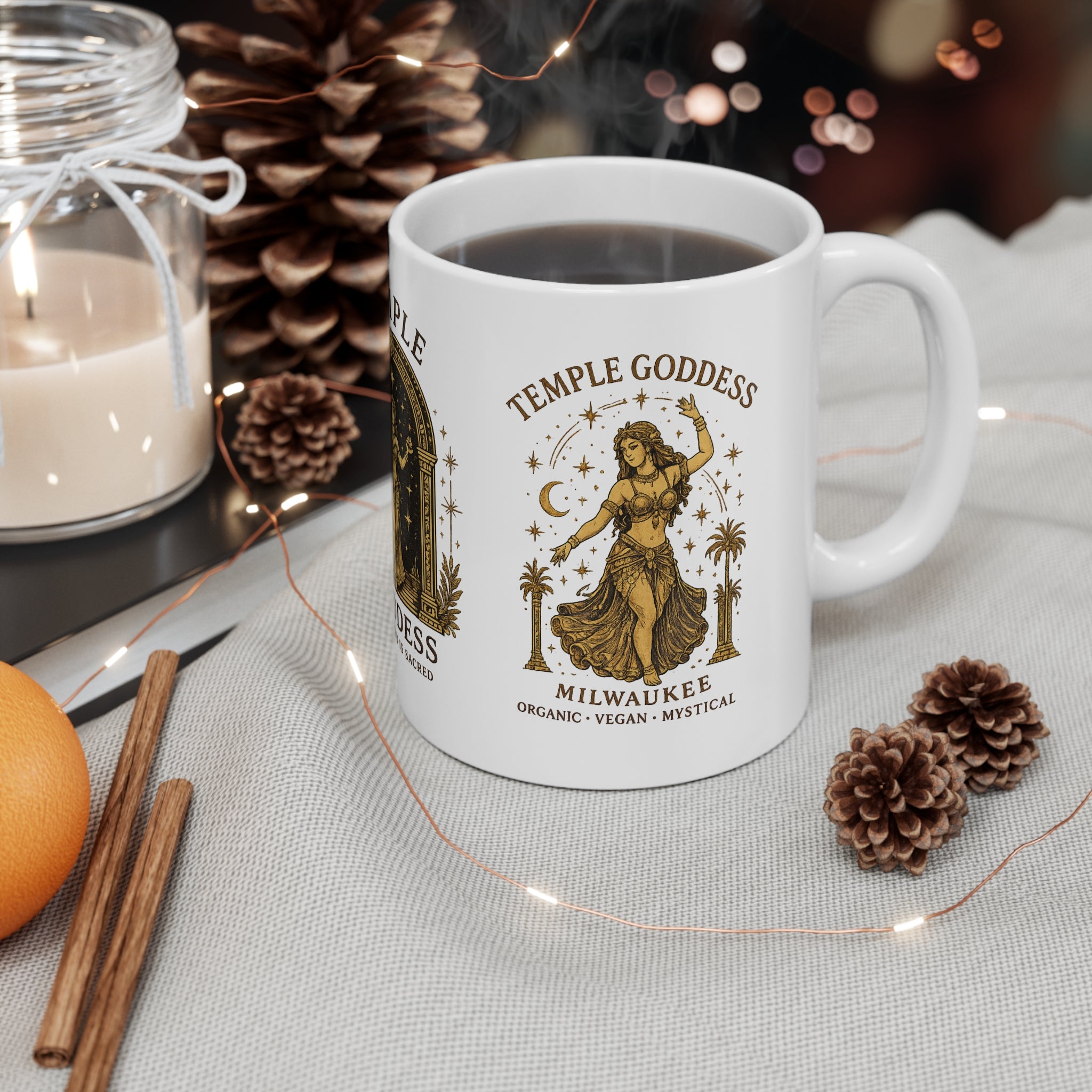 Temple Goddess Ceramic Mug — 'Temple Goddess: Good Food Is Sacred' 11oz Spiritual Vegan Kitchen Gift