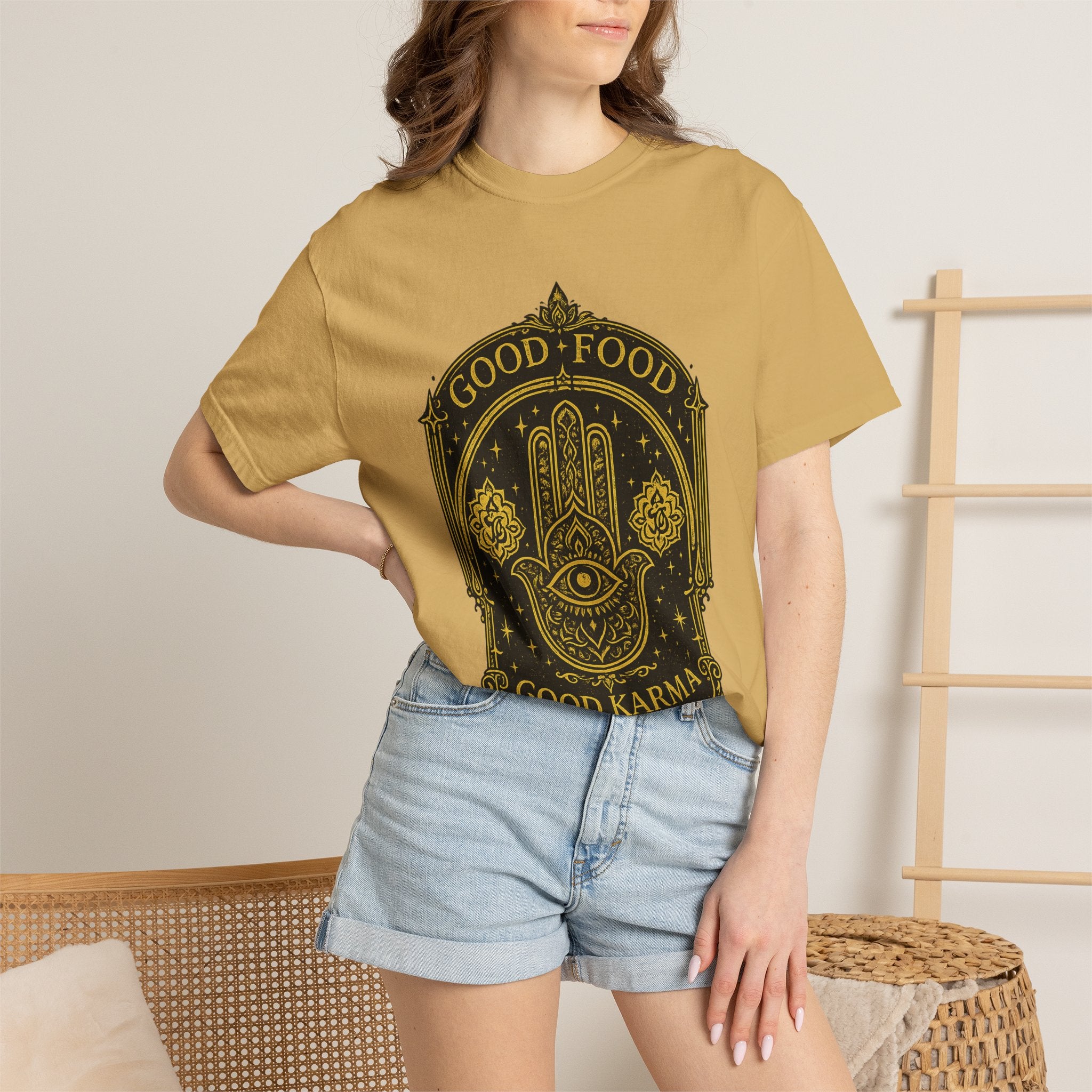 Good Food Good Karma T‑Shirt — Hamsa Eye Spiritual Graphic Tee