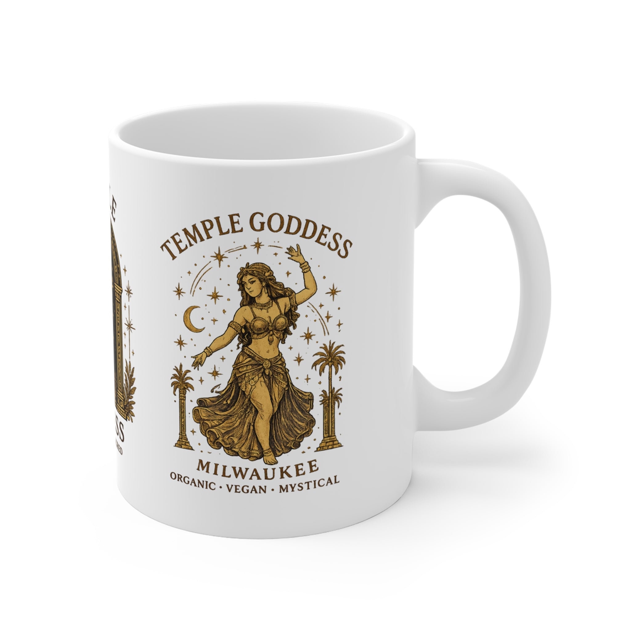 Temple Goddess Ceramic Mug — 'Temple Goddess: Good Food Is Sacred' 11oz Spiritual Vegan Kitchen Gift